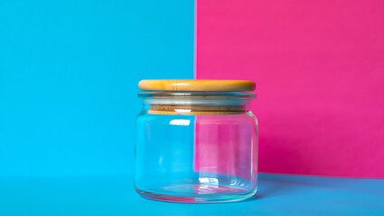 Empty glass jar with wooden lid on a split blue and pink background, creating a modern and vibrant design