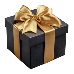 Black gift box with gold ribbon isolated on transparent background