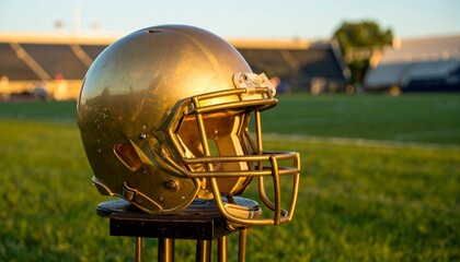 Golden football helmet resting on green turf with stadium lights in background, dramatic sunlight glow, iconic sports imagery with reflective surface and warm ambiance