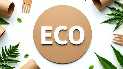 Top view flat lay with "eco" text on brown circle, surrounded by bamboo cutlery, paper cups, paper fork, green leaves, isolated on white background - sustainability and eco-friendly products concept 