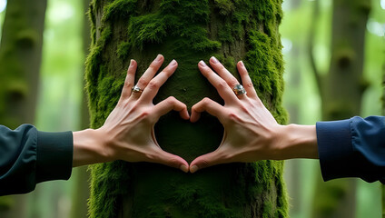 Two pairs of hands forming a heart shape around moss-covered tree trunk in lush green forest - love for nature and environmental conservation concept 