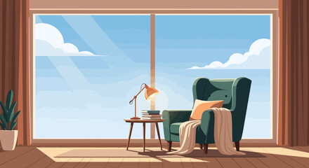 Cozy reading corner with teal armchair, books, lamp, and sunlit window view