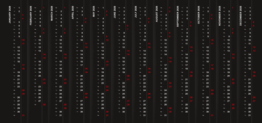 Vertical calendar 2026 on black background, Saturday and Sunday selected in different row.