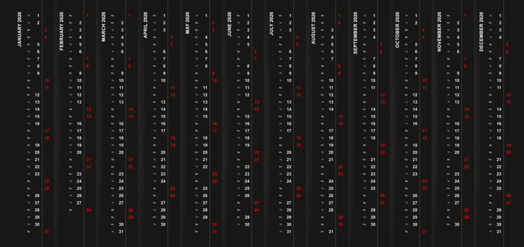 Vertical calendar 2026 on black background, Saturday and Sunday selected in different row.