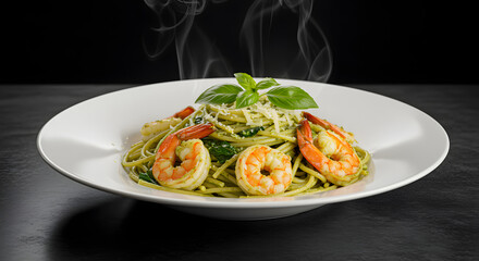 Spaghetti Pesto with Shrimp and Basil on White Plate over Black Background