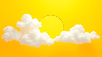 Abstract composition of sunny yellow background with white clouds and a blue circular element, minimalist and geometric.