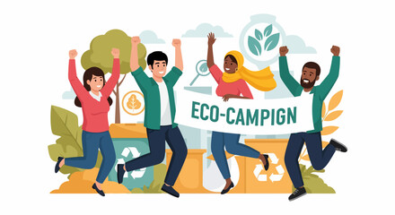 Fototapeta premium Diverse Eco-Campaigners Celebrate with Banner and Recycling Bins, Promoting Environmental Awareness