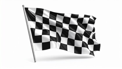 Fototapeta premium Waving checkered flag with motion blur effect, suspended mid-air on silver pole, black-and-white grid pattern over neutral background, motorsport symbol of race finish
