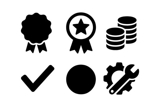 Black symbols set: badge, award, coins, check, circle, gear