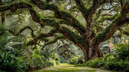 Lush, ancient oak tree canopy over a garden path
