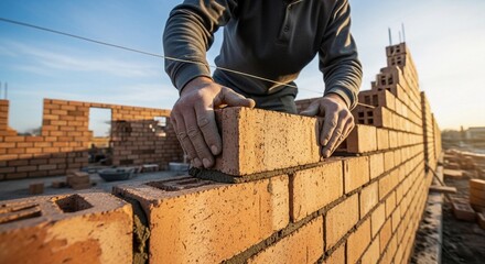 A man is laying bricks on a construction site. The scene shows a partially built wall with a clear blue sky in the background. The man is focused on his work.
