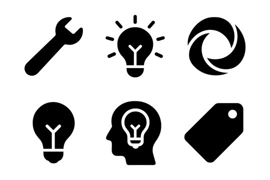 Essential black icon set: tools, light bulbs, head, and tags