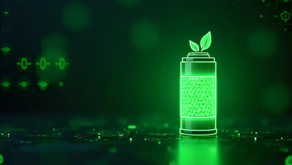 A glowing green battery with leaf symbols on futuristic circuit board - sustainable energy, eco-friendly technology, and renewable power solution concept