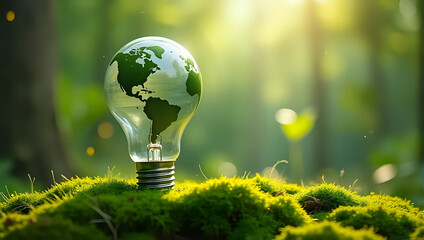 A glowing earth lightbulb on mossy ground in sunlit green forest background - green energy, environmental awareness, and sustainable solution concept