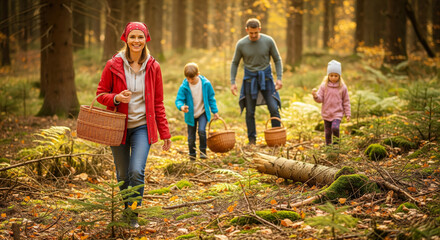 family mushroom picking walk in autumn forest with children

