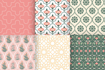 Elegant Seamless Pattern Set with Indian Pichwai and Mughal Floral, Geometric, and Arched Motifs
