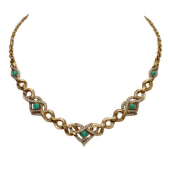 Elegant gold necklace with green gemstones isolated on transparent background
