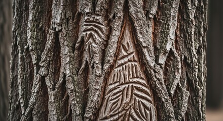 Close up of tree bark texture with carvings nature wood detail forest trunk pattern design outdoors 100