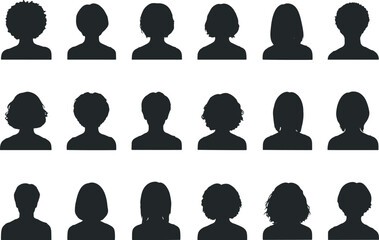 Vector art of a diverse collection of black silhouettes representing various people and hairstyles, isolated on a white background