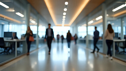 Blurry rear view of business people walking down in modern office corridor with glass walls and bright sunlight - teamwork and corporate life concept