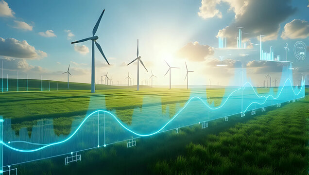Landscape of wind turbines in green field with digital overlay energy data and charts - renewable energy technology and data analysis for sustainable power concept