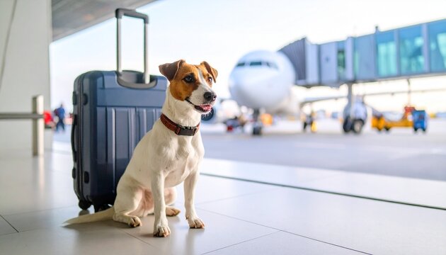 Small dog sitting beside a large suitcase in airport terminal, plane visible through window, travel companion scene with cozy pet vibe
