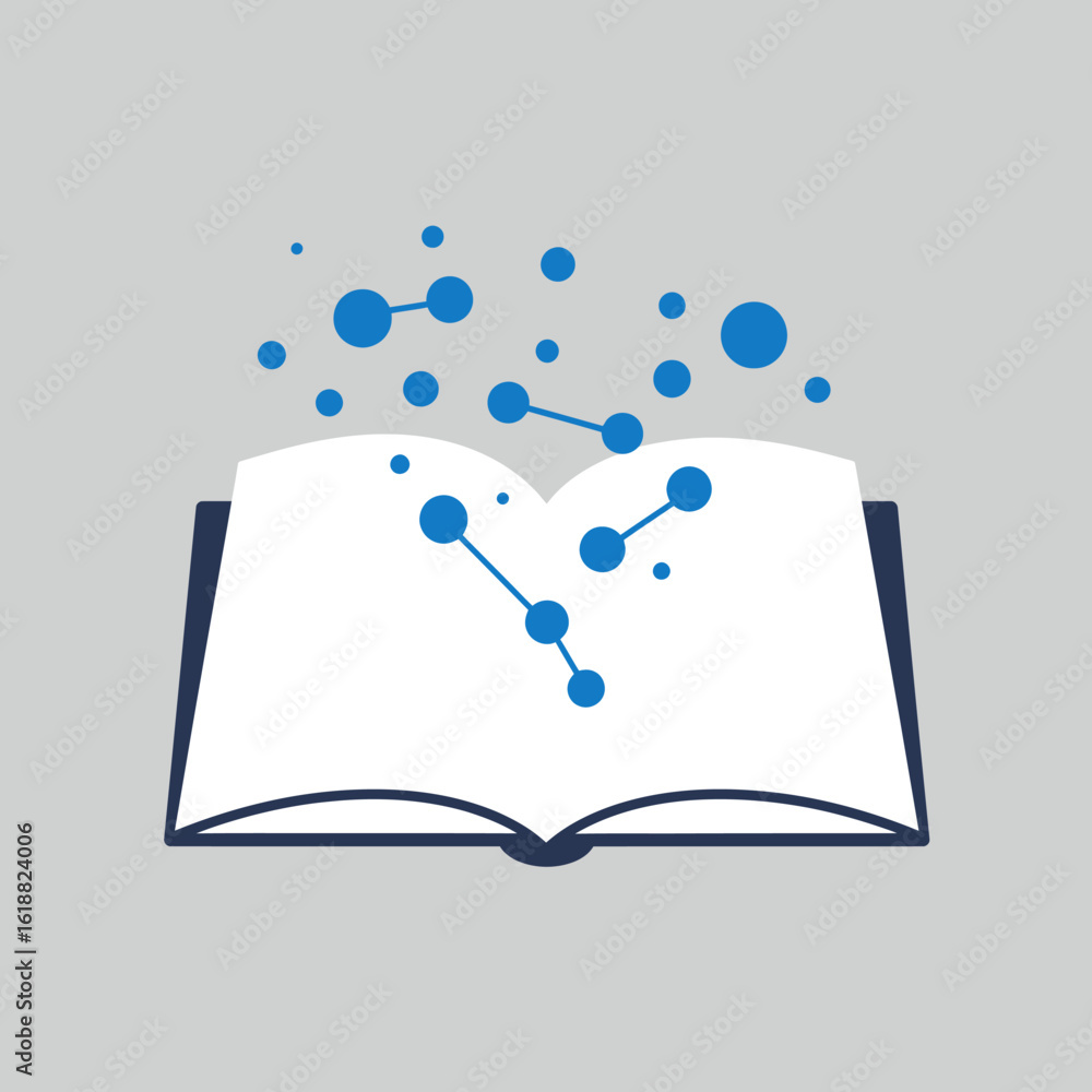 Poster open book with white pages and blue molecular structures floating above, symbolizing knowledge and l