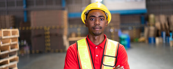 African male worker in safety gear in a logistics warehouse. Represents dedicated labor, supply...