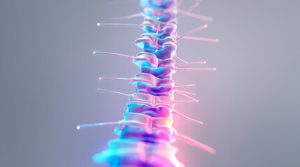 3D holographic spine with glowing digital alignment lines and data charts. Positioned on the left side with clean negative space. Realistic lighting, medical context.
