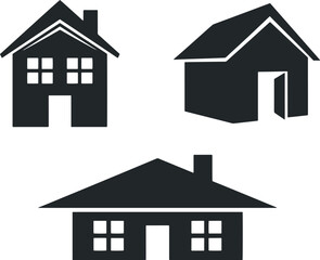 Vector art of a set of three black house icons with different architectural styles, isolated on a white background