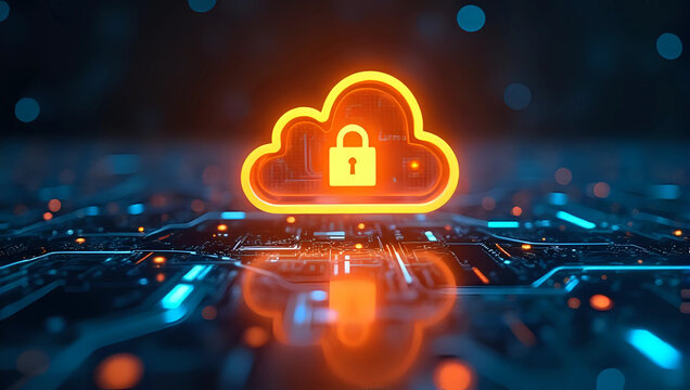 A glowing orange cloud computing icon with padlock , futuristic background - cloud security, data protection, and modern digital technology concept