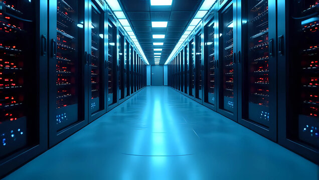 Futuristic server room corridor, server racks, with glowing blue and red lights - data center, cloud computing, https, and digital technology infrastructure concept