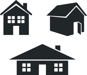Vector art of a collection of three dark gray house icons with varying architectural styles, presented on a plain white background