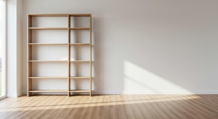 Fototapeta premium Wooden Bookshelf Against White Wall with Sunlight and Wooden Floor in Modern Room