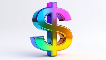 Glossy 3D dollar sign floating on white background, vivid rainbow gradient with metallic finish, modern financial symbol