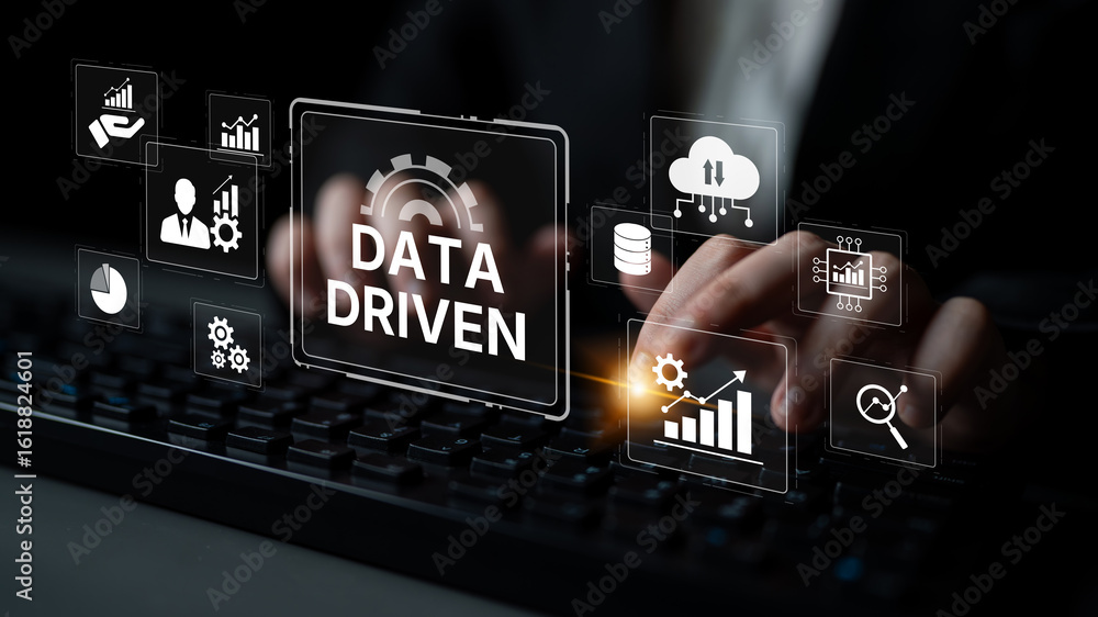Poster data-driven decision-making empowers business through analytics, datum collection, and ai systems. d