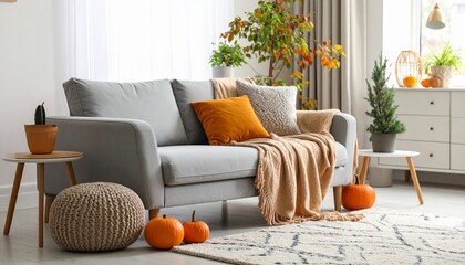Autumn comfort symbol—light gray sofa layered with earth-toned cushions, beige knitted throw, and seasonal pumpkins on a patterned rug. Flanked by wood side tables and plant accents, with warm natural