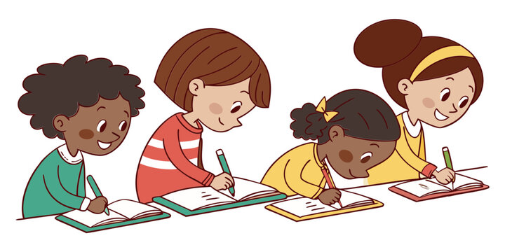 Children collaborating on homework illustration