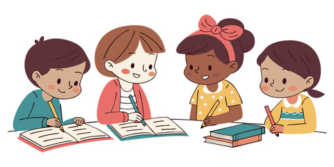 Children writing attentively in books