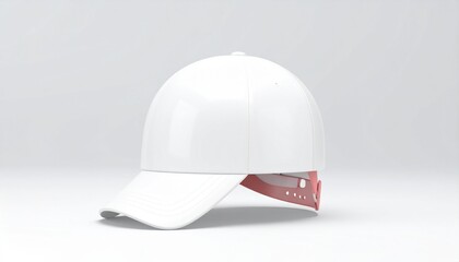 Fototapeta premium Minimalist identity—white baseball cap with curved brim, accented by black adjustable strap and metal eyelets. Neutral backdrop enhances contrast and focus, emphasizing the cap as a symbol of casual f