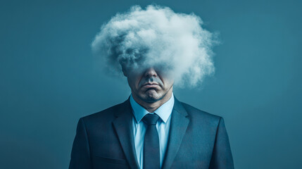 Businessman with his head engulfed in fog or smoke - brain fog, burnout, mental health problems