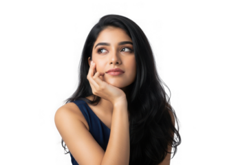 Young woman resting chin on hand looking upward isolated on transparent background
