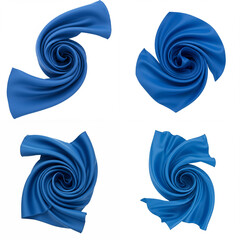 Blue fabric swirl. Blue satin fabric swirls in various shapes and directions. Isolated set on transparent background   