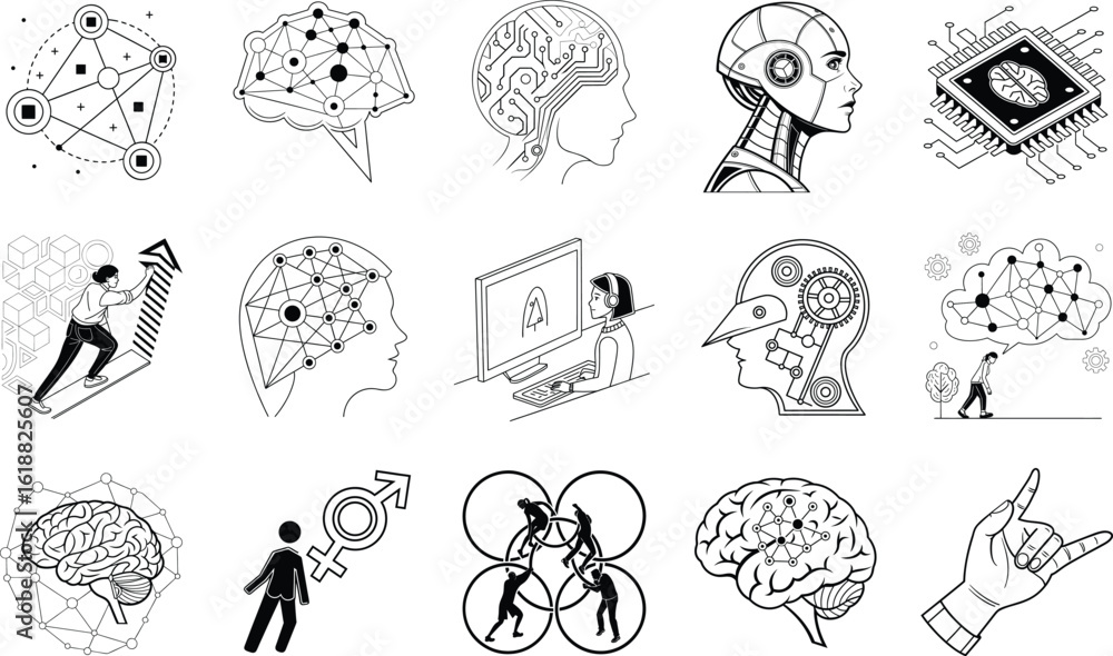 Poster brain network robot human computer chip and hand icons vector