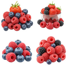 Berries mix. Fresh berries assortment including raspberries, blueberries, and blackberries. Isolated set on transparent background   