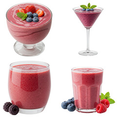 Berry smoothie. Assorted berry smoothies in glasses with fruit garnishes. Isolated set on transparent background 
