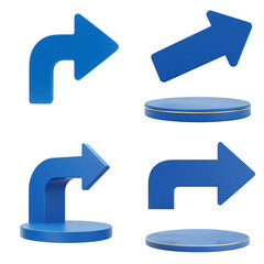 Blue arrow. Blue direction arrows and circular bases in minimalistic style. Isolated set on transparent background   