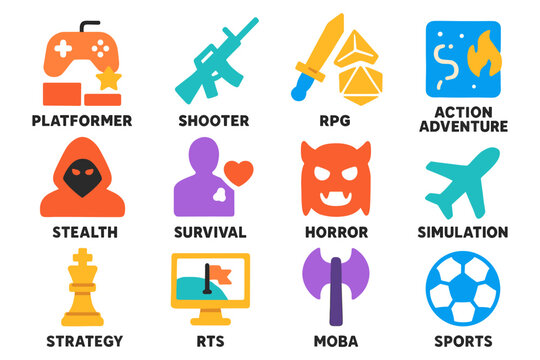Colorful game genres icons: platformer, shooter, rpg, adventure, and more