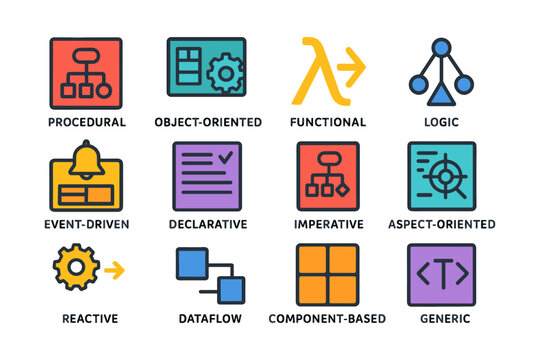 Programming paradigms icons set featuring functional and object-oriented styles