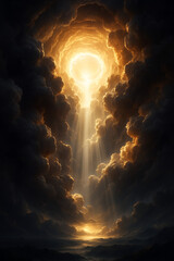 Ultra-realistic 3D render of golden sunlight piercing apocalyptic storm clouds, revealing a radiant sky portal above a misty, mountainous horizon.